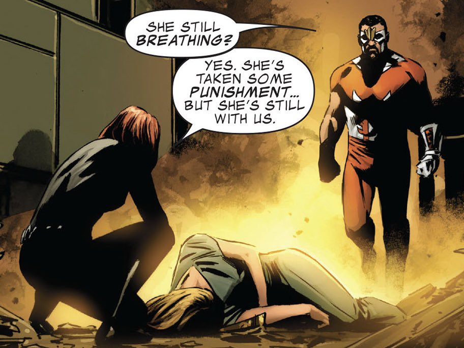 thinknatsharon's tweet photo. “Sharon did all this?”
“I wouldn’t put it past her… she’s always impressed me.”

Natasha &amp; Sharon with Sam Wilson in Captain America vol 5 #42 https://t.co/qLcNDIaVue