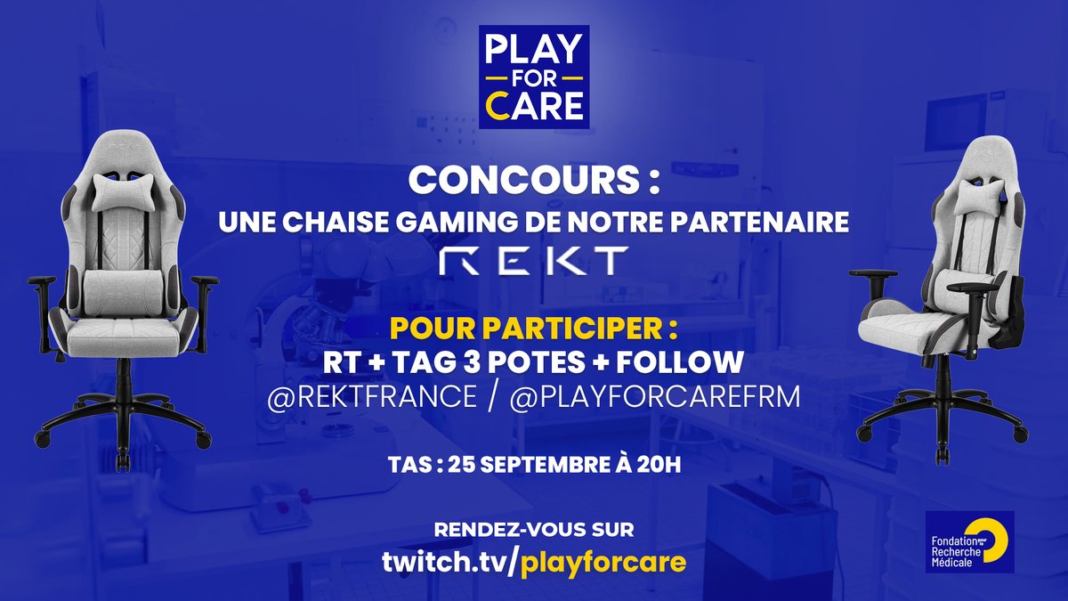 playforcareFRM's tweet photo. CONCOURS avec @REKTFrance 🪑

Tente de gagner une chaise gaming d'une valeur de 299€ de @REKTFrance ! 💙

POUR PARTICIPER :
- RT ce tweet
- TAG 3 potes
- FOLLOW @REKTFrance &amp; @playforcareFRM 

TAS : 25 septembre à 20h

Merci à @REKTFrance de soutenir notre projet ! 💛 https://t.co/DzVtBGOHfw