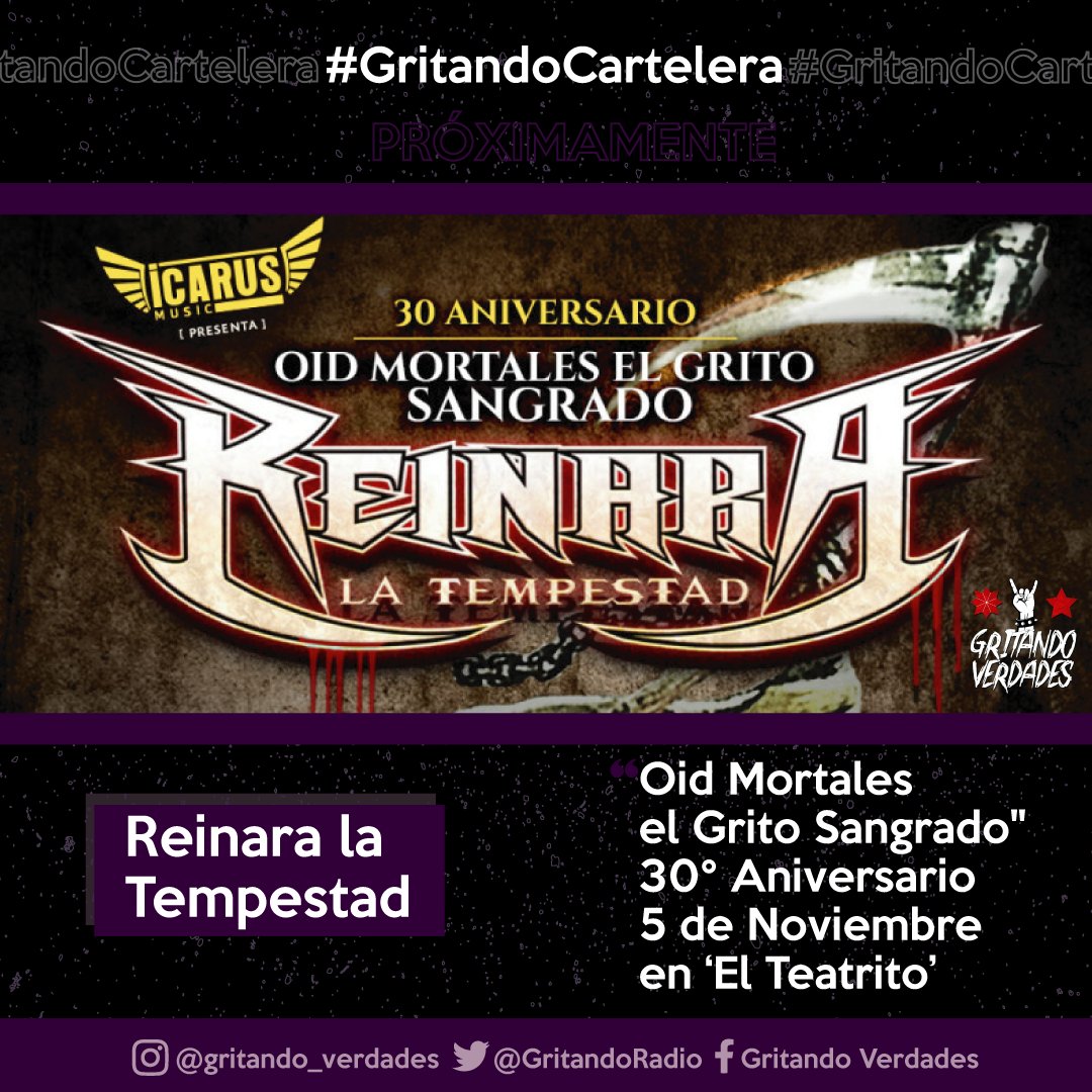 GritandoRadio's tweet photo. 🗣🎙#GritandoCartelera📅 para que puedas armar un gran plan y organizar tu agenda, un aporte desde 🗣🎙#GritandoVerdades🔥🤟
.
.
👇Entradas👇
https://t.co/BCKifEZs8I
.
.
#agenda #musica #metal #heavymetal #metalband #noticias #informacion #ReinaralaTempestad #OidMortales #Show https://t.co/2uxEu7lu0n