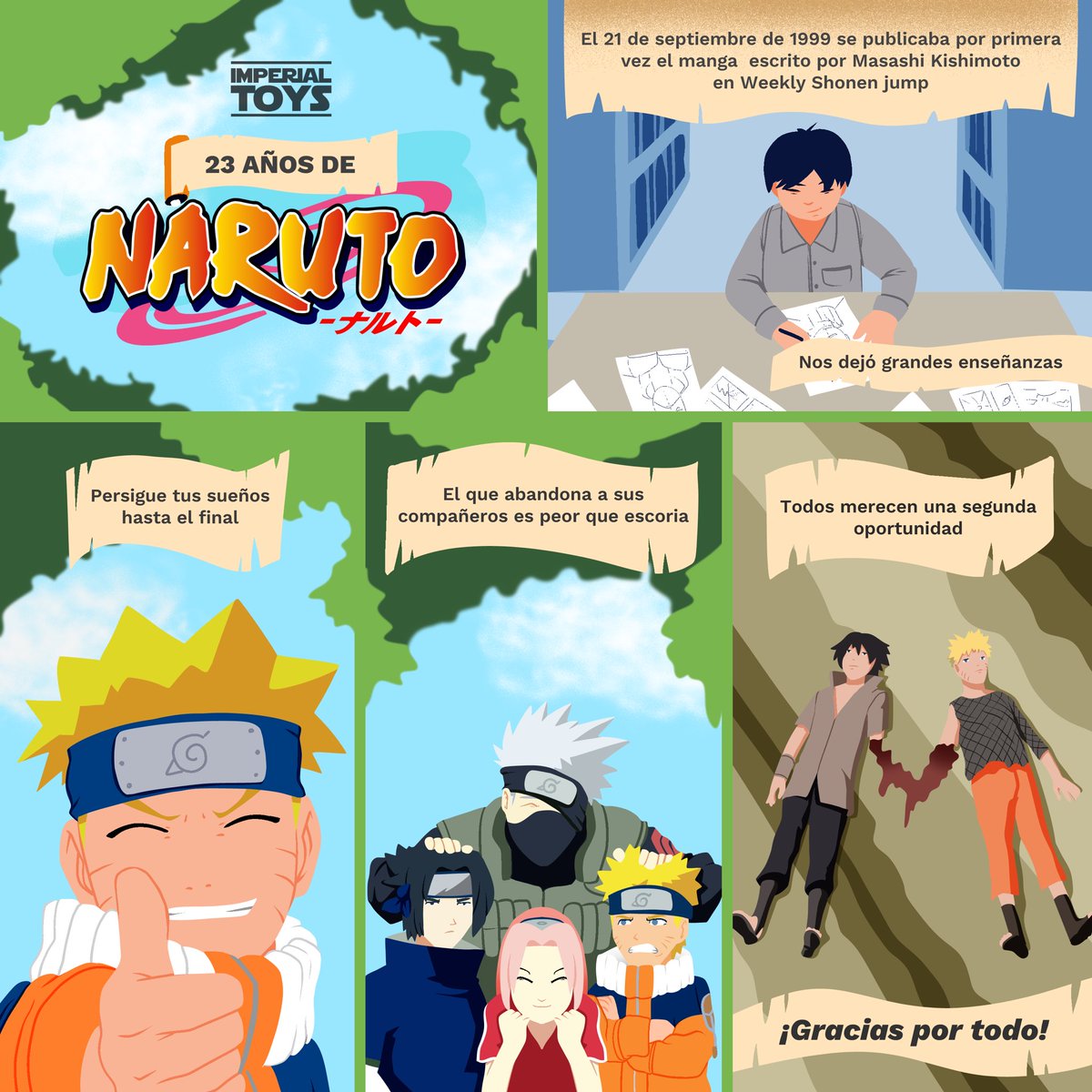 Hoy celebramos a uno de los Big 3 de la revista Shonen Jump, un manga que nos cuenta la historia de #Naruto, el niño que y tenía el sueño de ser el #Hokage de su aldea y proteger a todos siguiendo su camino ninja. 🥷
Gracias Kishimoto por este legado...🍃