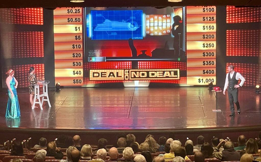 TimePlayEnt's tweet photo. 🥂Cheers to CD Kevin for kicking off a fantastic #dealornodeal show yesterday on #coralprincess 👏
#cruiseentertainment @PrincessCruises #gameshow #princessproud #fortunaluck #timeplay https://t.co/sb11iuaiFE