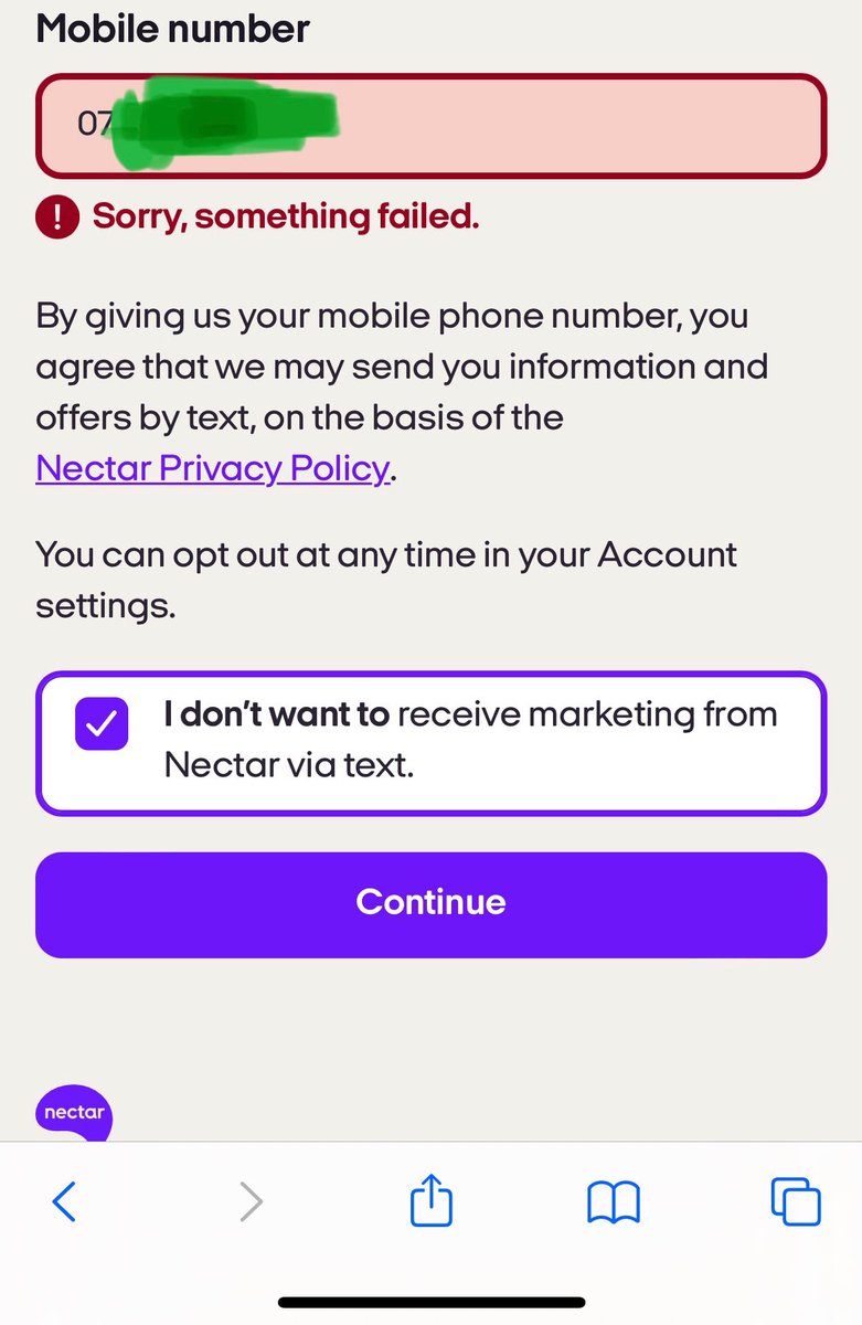 Loosely_'s tweet photo. @nectar hi I’m trying to sign up but it keeps saying something failed when I enter my phone number. Can’t get past it any way I try (07/0044/+44) https://t.co/j6l858UOmt
