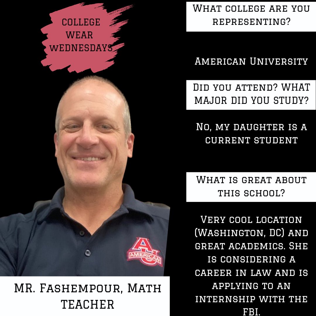 REVCareerCenter's tweet photo. On Wednesdays we wear college shirts! Check out Mr. Fashempour representing American University! @REVHSwildcats @RedlandsUSD https://t.co/BCIgv6hWjp