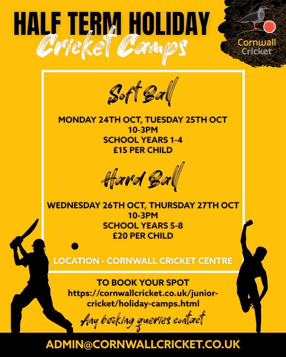Cornwall Cricket Board holiday camps revert back to indoors at the Cricket Centre at Truro College.

Softball and hardball to cater for all abilities. Book via the links below:

Softball - booking.ecb.co.uk/d/l9q3tz
Hardball - booking.ecb.co.uk/d/s9q3tz