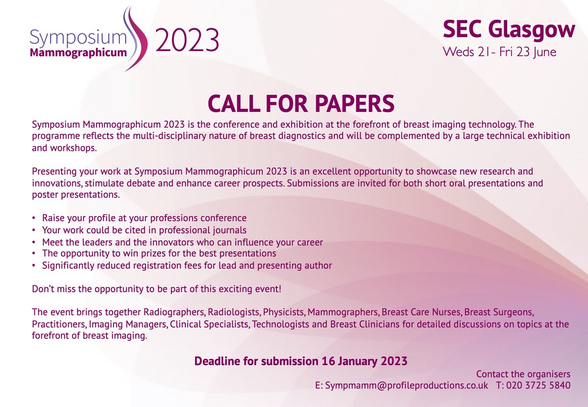 SympMamm's tweet photo. Now accepting abstracts for #Sympmamm2023! Take a look at our guidelines and submit your abstract for a  chance to share your work with other leaders and innovators in breast diagnosis and care:  https://t.co/BTm4oFTY20
#breastimaging #breastradiology #mammography #breastdisease https://t.co/W0x7pB3xGL