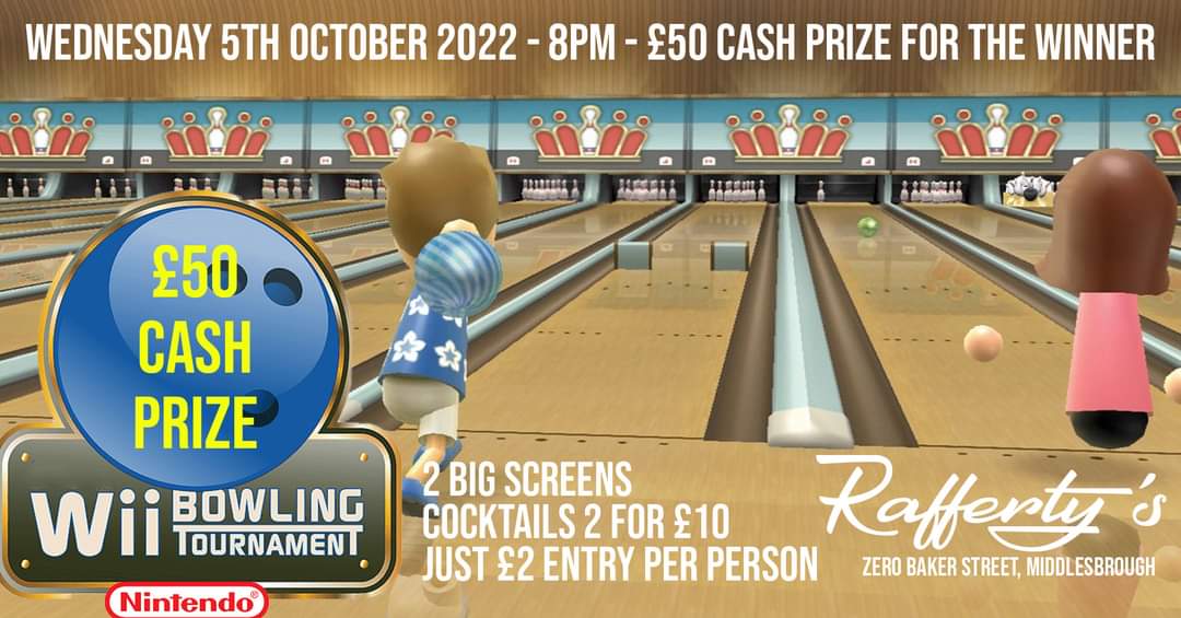 Wii Bowling Competition - £50 Cash Prize - Rafferty's Middlesbrough, Wednesday 5th October

#teessideuni #teesside #ts #middlesbrough #teessideuniversity #teesvalley #students #tusu #boro #northeast #tusuevents #tufreshers #food  #tusucampaigns  #teessidesu #lovemiddlesbrough