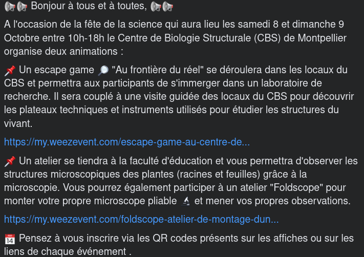 MessinaOlivier1's tweet photo. 📢📢 Fête de la science  📢📢

Les samedi 8 et dimanche 9 Octobre entre 10h-18h le Centre de Biologie Structurale (CBS) de Montpellier organise deux animations :

📌 Un escape game 🔎
📌 Un atelier microscopie 🔬

Pensez à vous inscrire 📅 https://t.co/oZRg3z5HVS