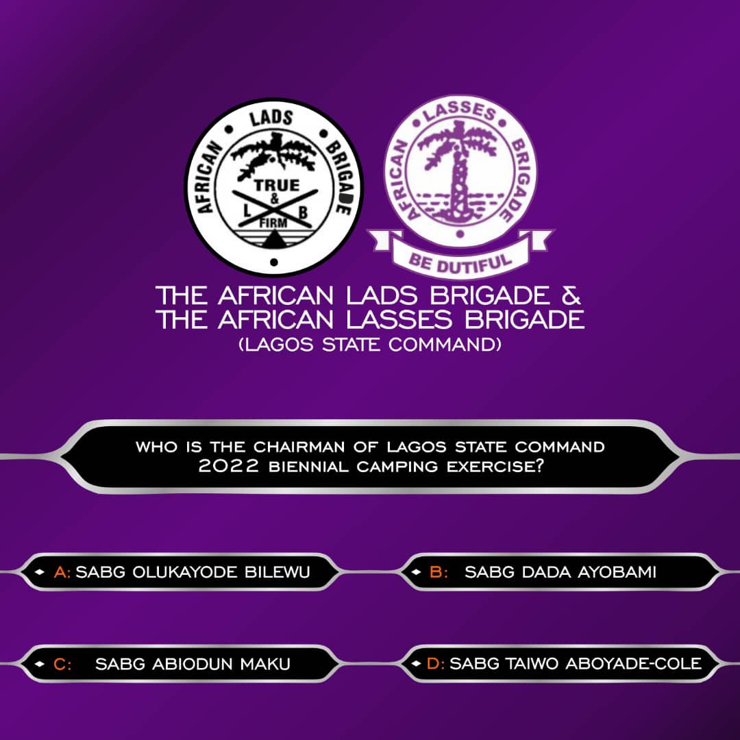allb_lagos's tweet photo. ALLB - LAGOS STATE COMMAND QUIZ

*Who is the Chairman of Lagos State Command 2022 Biennial Camping Exercise?

Brace up and let's see how familiar you are with the ALLB - LAGOS STATE COMMAND.

#africanladsandlassesbrigade
#allblsc
#allb
#brigade
#lagosstatecommand
#quiz #wednesday https://t.co/SF0ppvbTsV