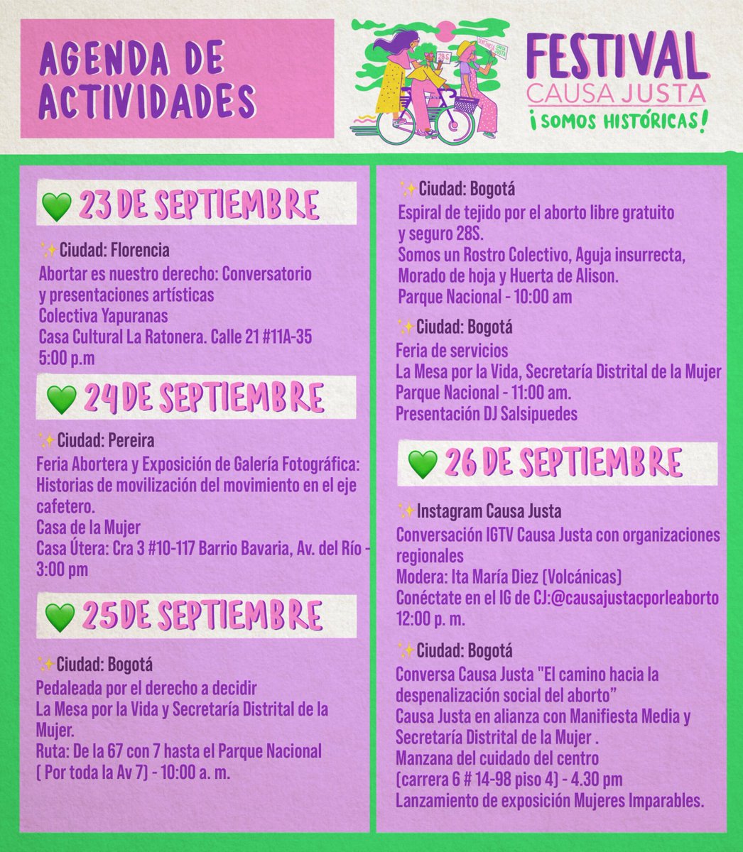 causajustaco's tweet photo. 🗓 AGÉNDATE con las actividades presenciales y virtuales que se realizarán en el marco del Festival Causa Justa y el #28S durante septiembre, a lo largo del país! #FestivalCausaJusta 💚👇🏽 https://t.co/HpIFchFrmR
