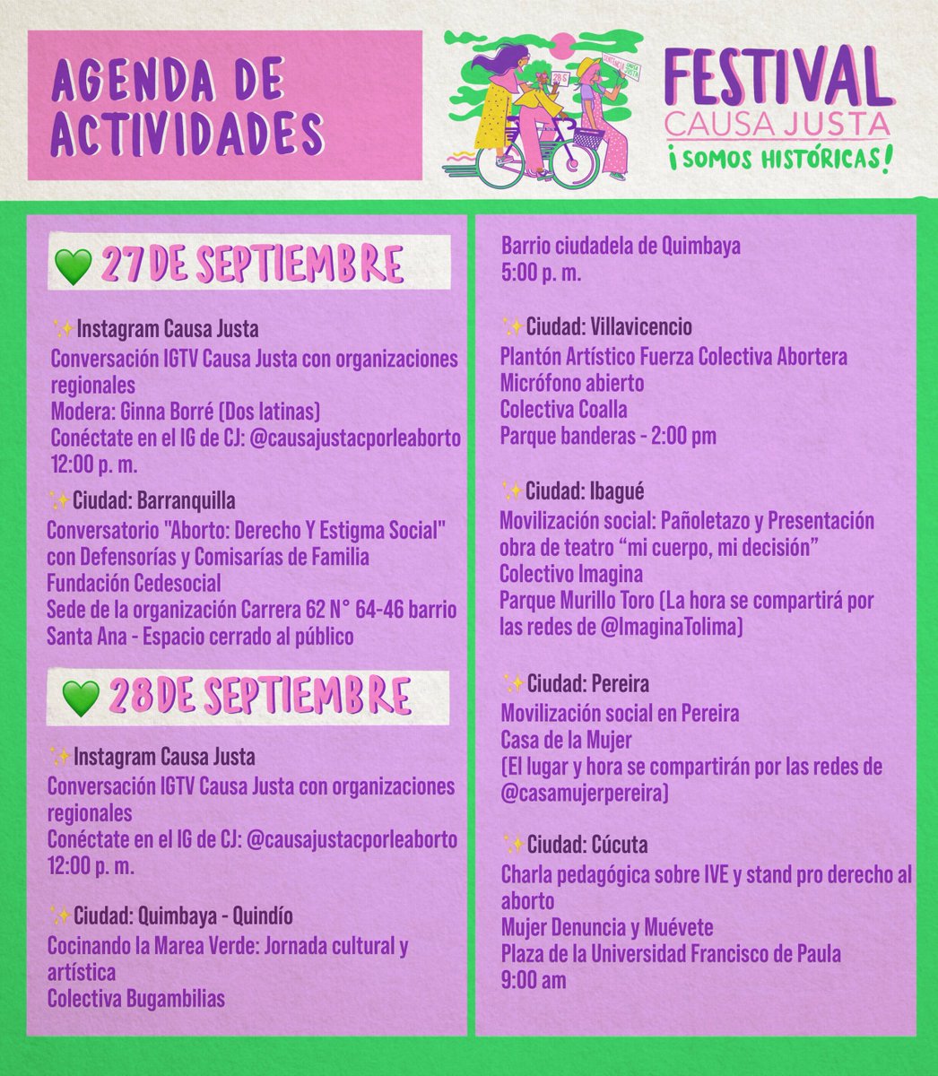 causajustaco's tweet photo. 🗓 AGÉNDATE con las actividades presenciales y virtuales que se realizarán en el marco del Festival Causa Justa y el #28S durante septiembre, a lo largo del país! #FestivalCausaJusta 💚👇🏽 https://t.co/HpIFchFrmR