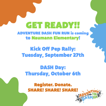 NaumannPta's tweet photo. Adventure Dash Fun Run is coming to Naumann Elementary! #AdventureDashFunRun #ADFunRun

Our Kick Off will be Sept. 27th, and your child can start earning donations NOW! REGISTER through this link and SHARE your student's link with your family and friends.

https://t.co/XWHSEBJ4kE https://t.co/yD0fVQsQq3