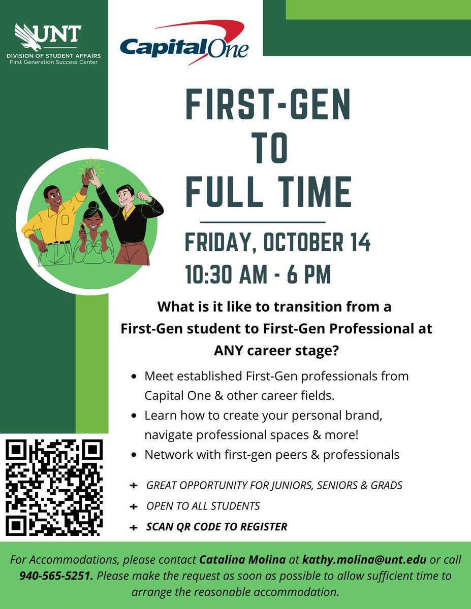 UNTFirstGen's tweet photo. UNT juniors, seniors and graduate students that self-identify as first-generation; this event is for YOU!
Registration is now open for First-Gen to Full-Time on Friday, October 14th. Link to sign up is in our bio!
#unt #untfirstgen #unt22 #unt23 #unt24 #unt25 #unt26 https://t.co/uef6HsHCFF