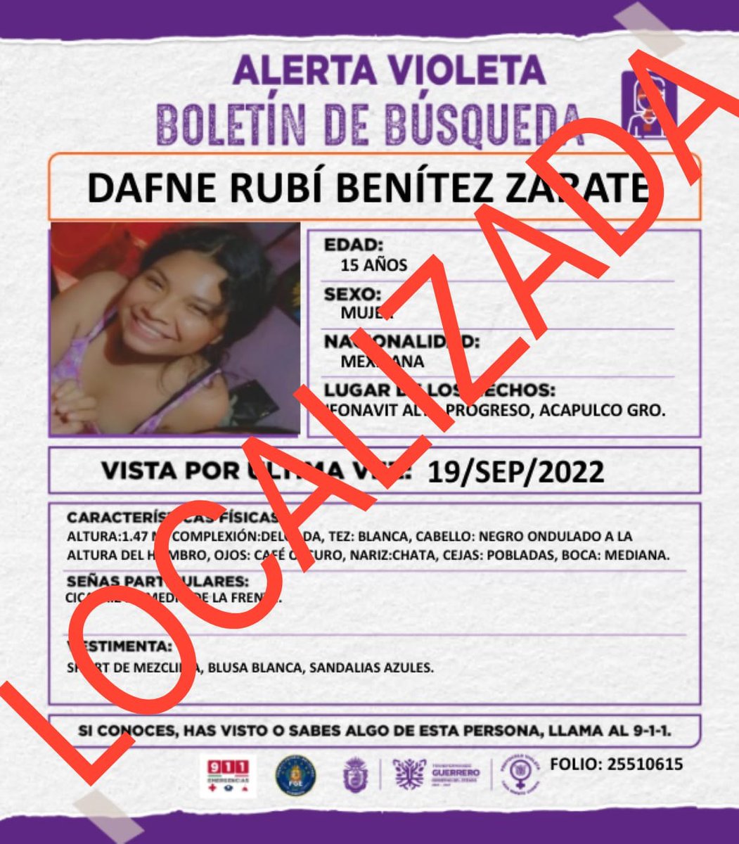 #AlertaVioleta🟣 Se agradece su valiosa colaboración, Dafne Rubí Benítez Zarate ha sido localizada.

#ProtocoloVioleta
#CadaMinutoCuenta