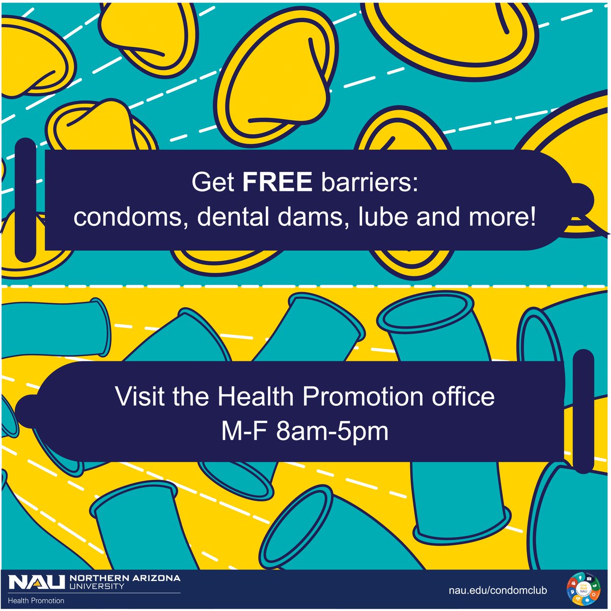 Stop in the Health Promotion office for free barriers such as condoms, dental dams, lube, and more!

The Condom Club makes protecting yourself from STI's and unintended pregnancies easy and affordable

The HP office is located in the Health and Learning Center RM1509