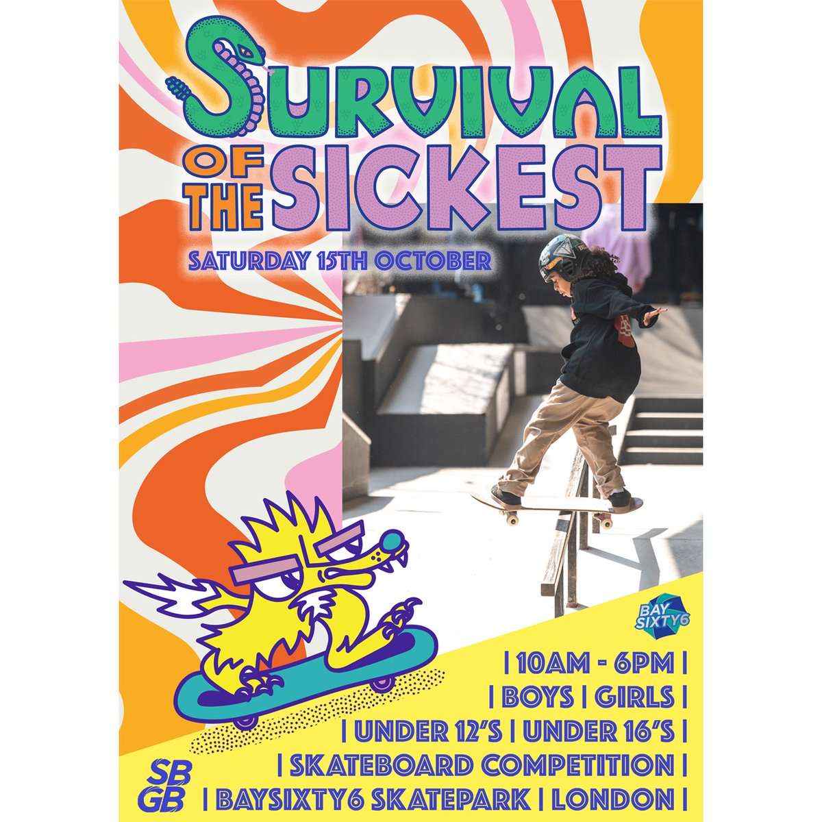 SkateboardGB's tweet photo. We are thrilled to announce the launch of the new junior event series “Survival of the Sickest“

The first one will take place at BaySixty6 in London: Saturday 15th Oct

Sign up now - https://t.co/ldANw1l7ei

Thanks to Love Supreme Projects &amp; Partners&amp; for their support! https://t.co/xIVdU2Bdd2