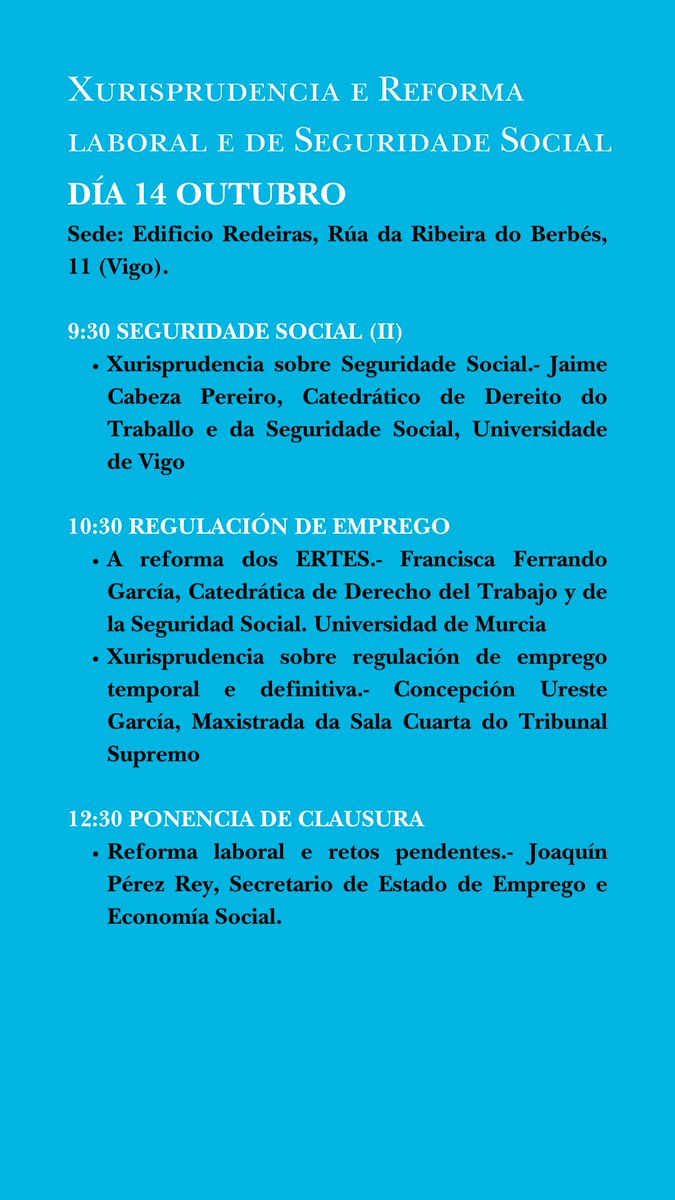 A Área de Dereito do Traballo e da Seguridade Social da #FCCXXT <a href="/uvigo/">Universidade de Vigo</a> organiza as xornadas "Xurisprudencia e Reforma laboral e de Seguridade Social", un evento onde revisarán as últimas novidades nesta materia e como afectan ás empresas.📚