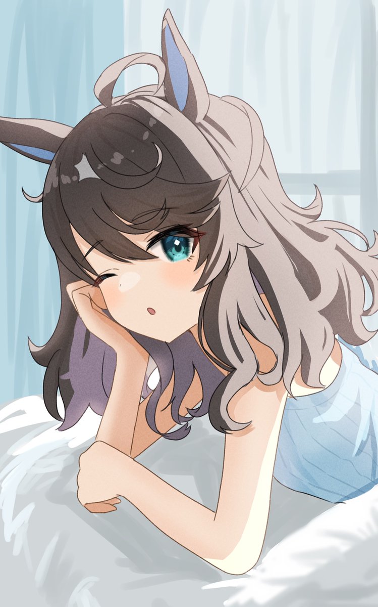 1girl animal ears horse ears solo one eye closed looking at viewer ahoge  illustration images