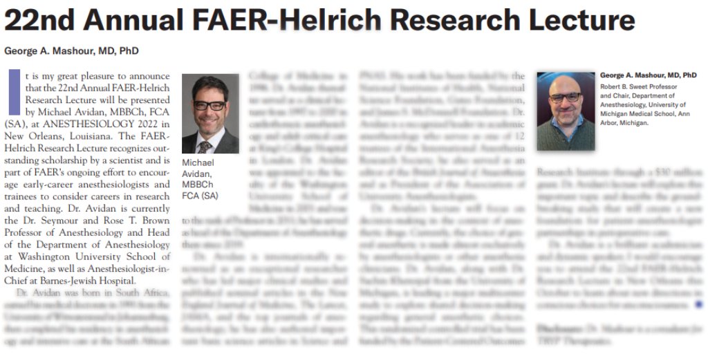 FAER (@faeranesthesia) on Twitter photo pubs.asahq.org/monitor/articl…
FAER is thrilled to have Dr Michael Avidan, Head of #Anesthesiology at <a href="/WashUanesthesia/">WashU Medicine Anesthesiology</a>, as our 22nd Annual FAER-Helrich #Research Lecturer!
Learn more about Dr Avidan in the <a href="/ASAMonitor/">ASA Monitor</a> announcement & join us for his lecture @ #ANES22!
<a href="/avidan_michael/">Michael Avidan</a> pubs.asahq.org/monitor/articl…
FAER is thrilled to have Dr Michael Avidan, Head of #Anesthesiology at <a href="/WashUanesthesia/">WashU Medicine Anesthesiology</a>, as our 22nd Annual FAER-Helrich #Research Lecturer!
Learn more about Dr Avidan in the <a href="/ASAMonitor/">ASA Monitor</a> announcement & join us for his lecture @ #ANES22!
<a href="/avidan_michael/">Michael Avidan</a>