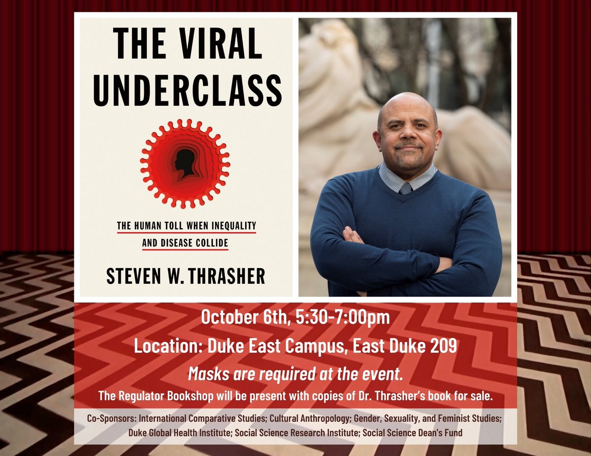 Excited to share that we will soon be hosting <a href="/thrasherxy/">DEACTIVATED</a> as the speaker for the ICS fall lecture! Please join us on October 6th at 5:30pm to hear Dr. Thrasher discuss his book *The Viral Underclass* <a href="/DukeTrinity/">Trinity College at Duke</a> <a href="/DukeGHI/">Duke Global Health</a> <a href="/fhi_duke/">John Hope Franklin Humanities Institute at Duke U.</a> <a href="/DukeAAAS/">Global Black Studies at Duke</a> <a href="/harrissolomon/">Harris Solomon</a>