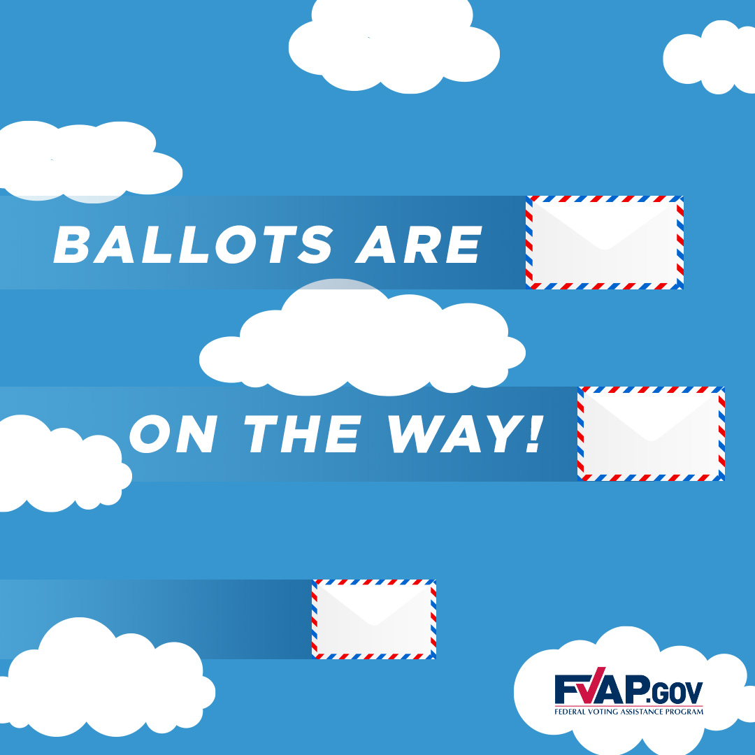 FVAP's tweet photo. This #UOCAVASaturday, election offices will send out blank ballots to military and overseas voters around the world. Be on the lookout from now through early October, and return your ballot as soon as you receive it. https://t.co/uaUrJNer80