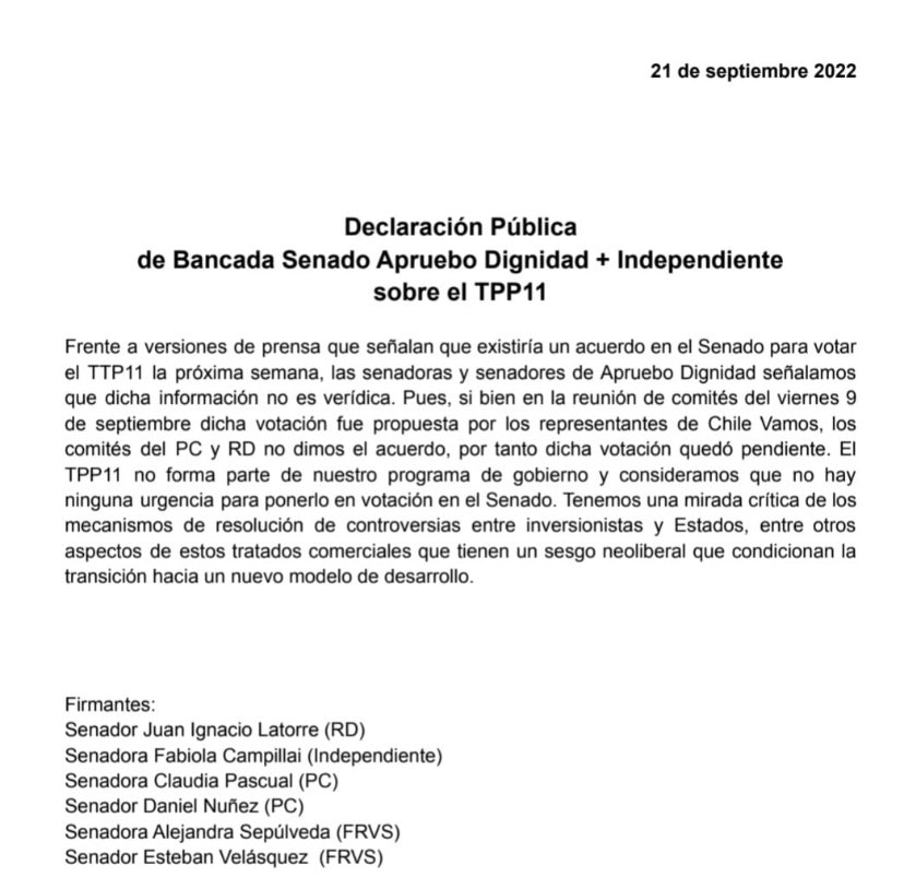 La Bancada de la que hacen parte l@s senador@s <a href="/Claupascualgrau/">Claudia Pascual Grau</a> y <a href="/daniel_nunez_a/">Daniel Nuñez A.</a> declaran públicamente no ser parte del acuerdo que se indica favorable al #TPP11