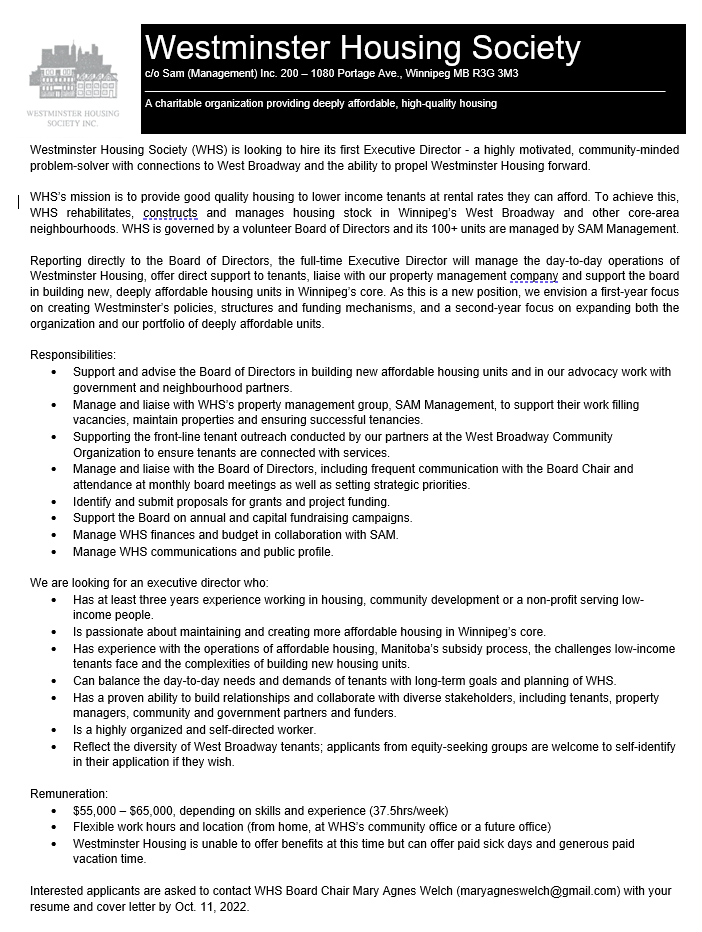 mawwelch's tweet photo. Are you passionate about building deeply affordable housing in #Winnipeg? Want to help a great volunteer-run non-profit evolve and grow?

Westminster Housing Society is hiring its first ED. Job ad below. Please share. https://t.co/LbfloCxQDy