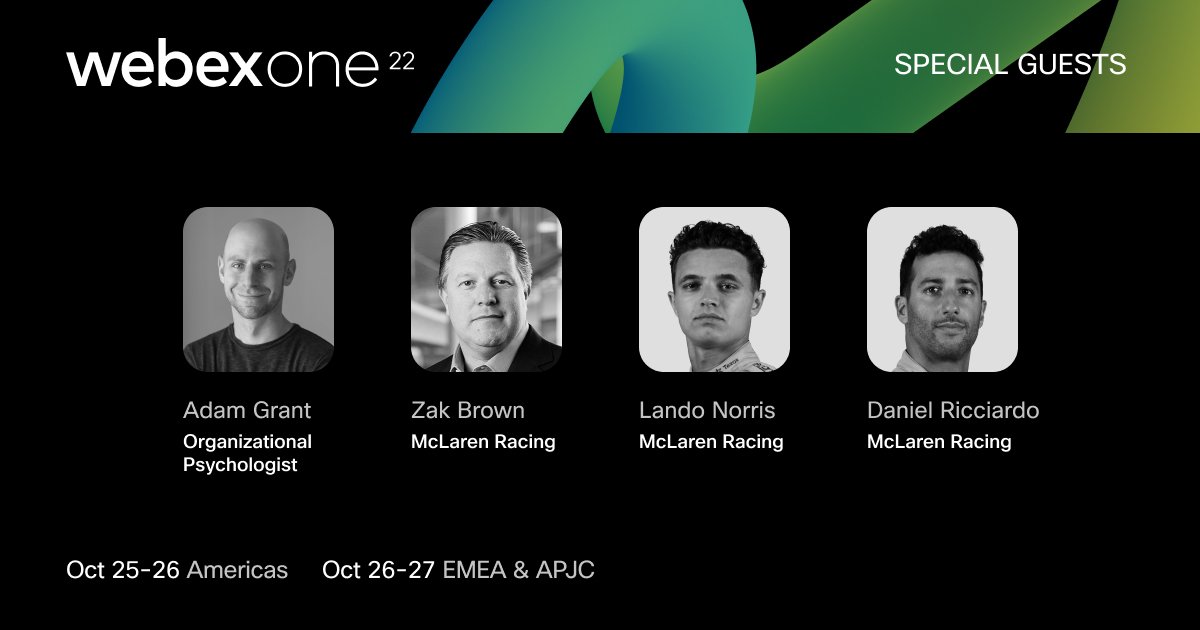 CLHilditch's tweet photo. Check out the must-see guest speakers, this year at #WebexOne! ​​
​
NYT Bestseller - @AdamMGrant ​
@McLarenF1 CEO - @ZBrownCEO ​
@McLarenF1 Drivers - @LandoNorris &amp; @danielricciardo ​
​
Register for free ⬇️
https://t.co/FPojQyRbUt https://t.co/T1RQSSG2yS