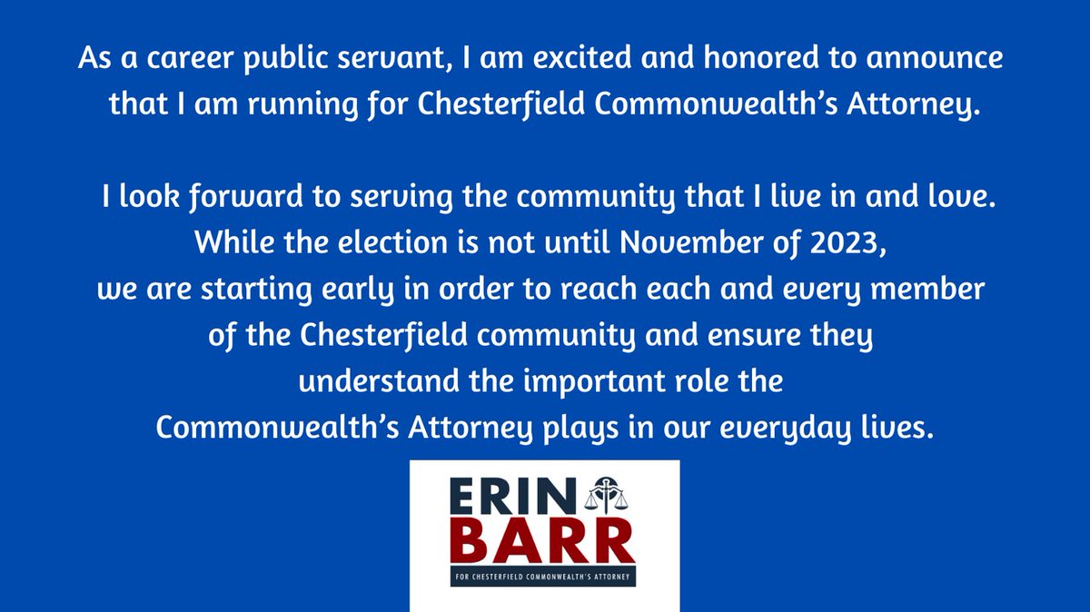 ERINBARRforCA's tweet image. It's official: I am running for Chesterfield County Commonwealth's Attorney!  

Check out my website to learn more and follow along here! erinbarrforca.com