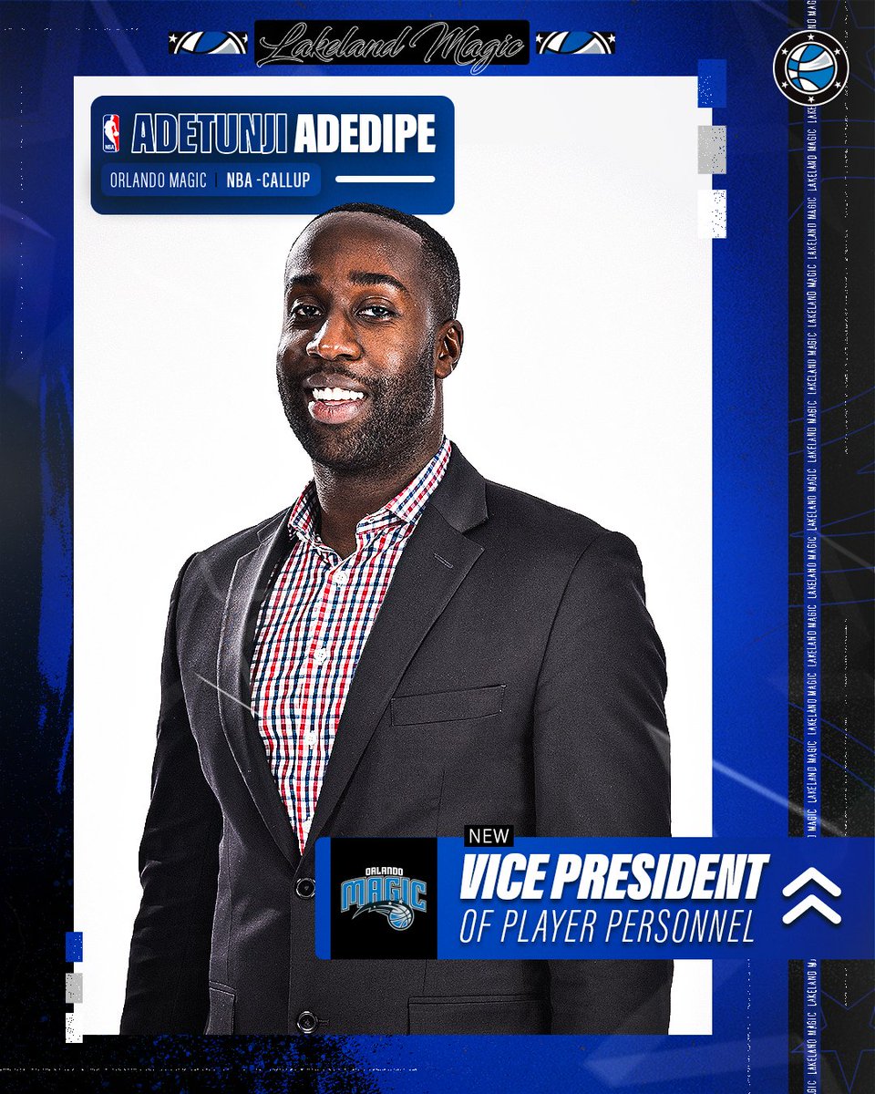OsceolaMagic's tweet image. Adetunji Adedipe has been named Vice President of Player Personnel for the Orlando Magic!

We appreciate Tunji for all he did to our organization and community. He is a Lakeland Magic legend and forever a part of the Lakeland Magic family.