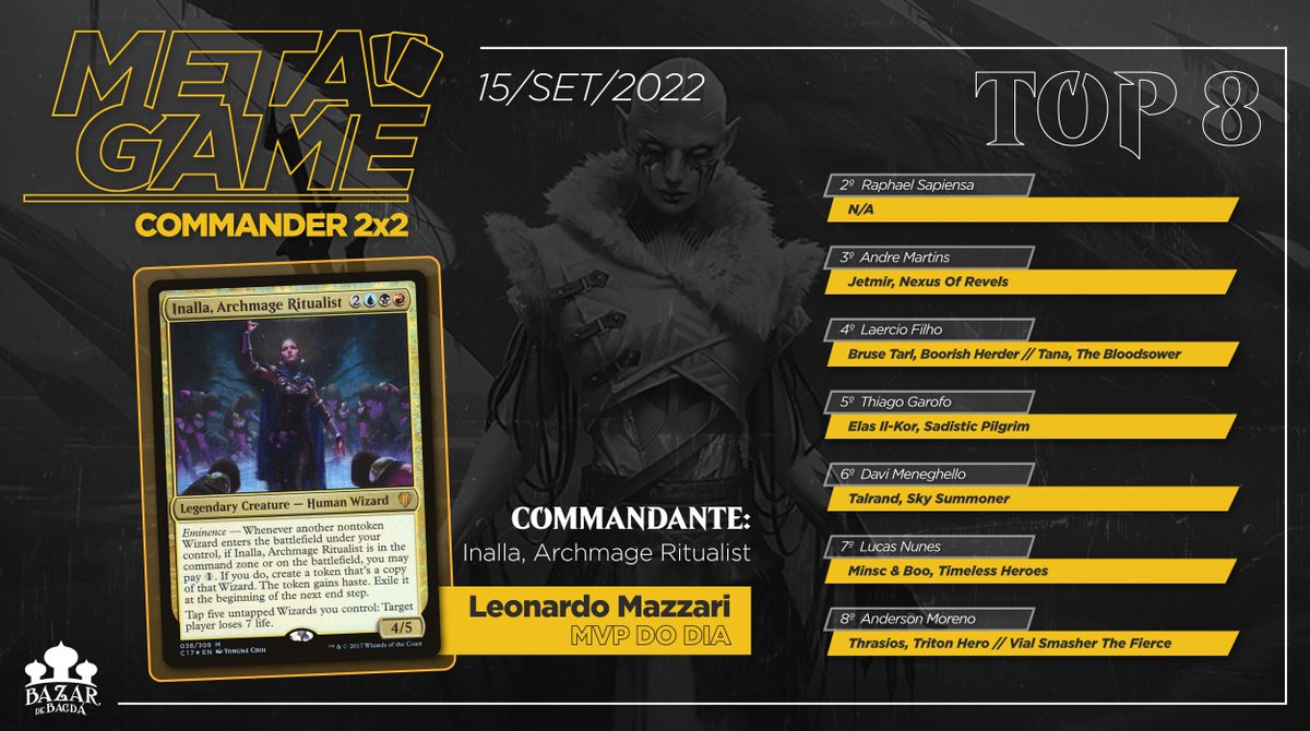 bazardebagda's tweet photo. Quinta feira é o dia oficial do #commander na loja!!
Além do Commander 2x2 tbm temos o Commander Free 💛
#metabazar https://t.co/Trp72UIUyB