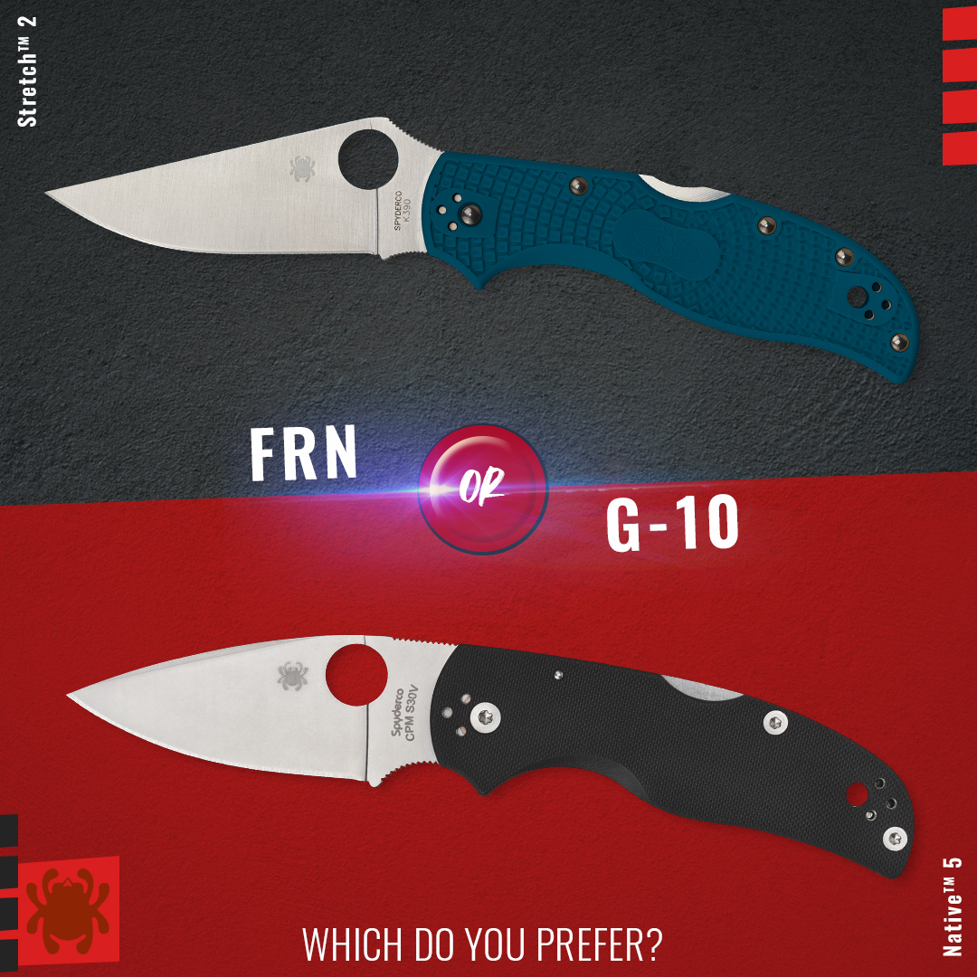 SpydercoKnives's tweet photo. Last month we discussed the Compression Lock® vs. Ball Bearing Lock™. This month we're asking you this: FRN or G-10? Which handle material do you prefer and why? Sound off in the comments for you choice!

#Spyderco #SpydercoKnives #FRN #G10 #Stretch2 #Native5 https://t.co/7qj9Z4eDze