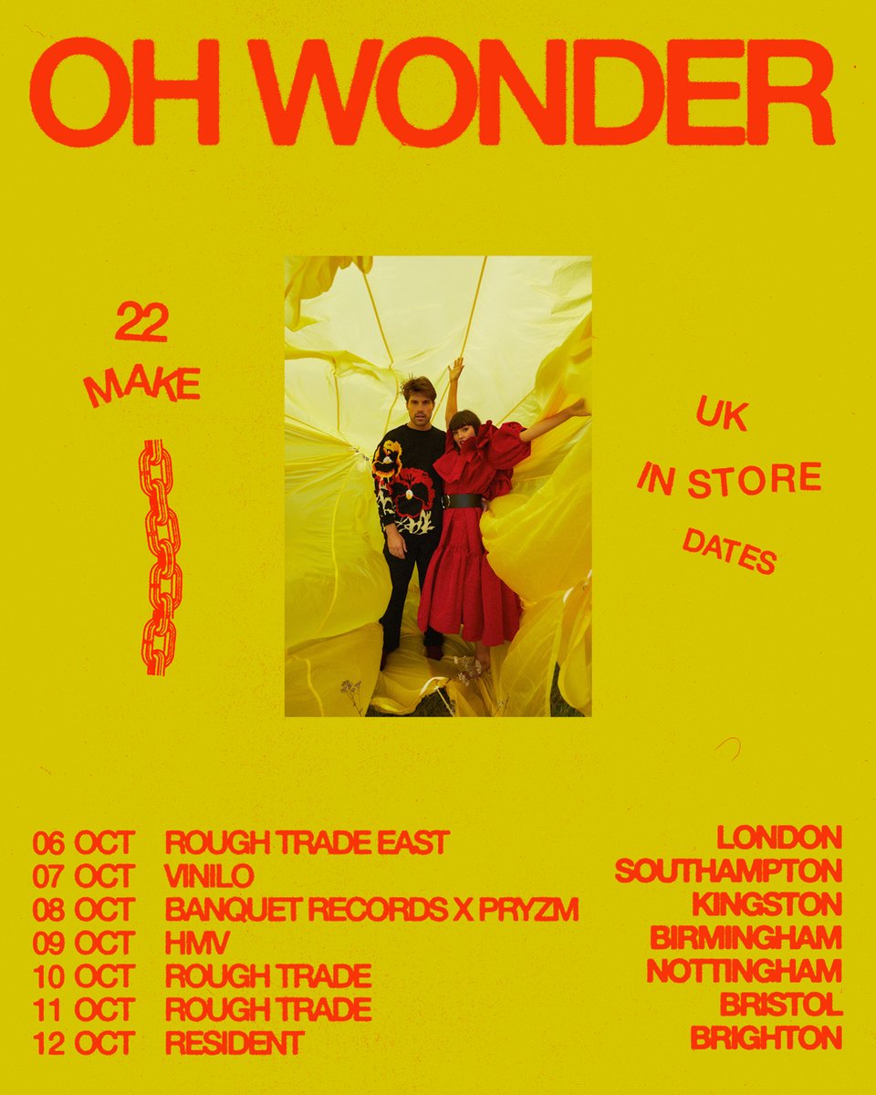 We're so excited to announce a handful of super intimate UK shows to celebrate the release of our new album 22 Make! 💕 What songs do you want to hear live? ✨ To get access to these shows order 22 Make from 11am tomorrow: ohwonder.lnk.to/RecordStoreSho… Can't wait to see you there!