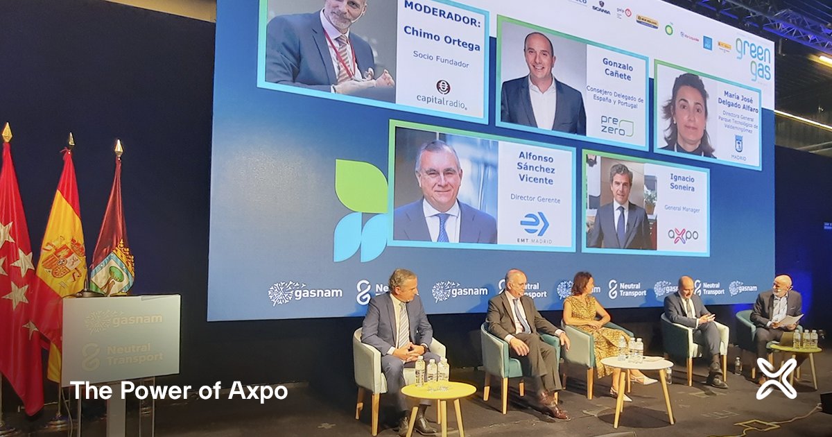 axpo_es's tweet photo. Ignacio Soneira ha presentado hoy el proyecto de @axpo_es y @EMTmadrid  para impulsar parte de su flota de autobuses con #biometano en el congreso Green Gas Mobility Summit, en el que se reúnen más de mil profesionales del sector de la energía 📸. https://t.co/cE4DsWckaU
