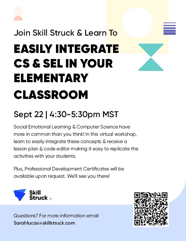 Tomorrow’s free #CS &amp; #SEL workshop for elementary educators will be packed with take-away resources! Click to lock in your spot for a free lesson plan, code editor, recording of the training &amp; PD certificates ➡️ bit.ly/SkillStruck_CS… #codingisforeveryone #STEM #edtech #CTE
