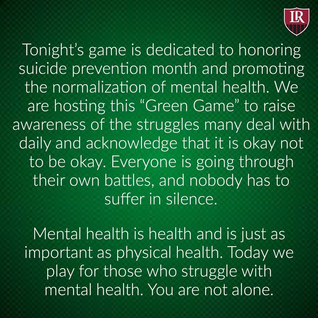 LRUWSOC's tweet photo. “It’s okay to not be okay”
Today we play to bring awareness to Mental Health and Suicide Prevention.
5:00pm vs Anderson
#mentalhealth
#mentalhealthawareness
#suicideprevention
#suicidepreventionmonth
#athletementalhealth https://t.co/Ny4kl70T2O
