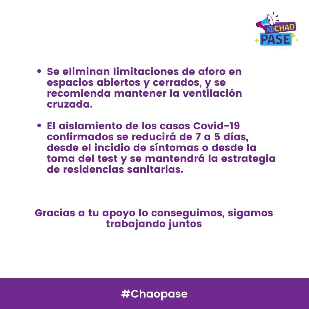 Hoy damos un tremendo paso en el ámbitos de los derechos de los ciudadanos. El Ministerio de Salud a anuncia cambios en las medidas y la eliminación del pase de movilidad en Chile. Gracias a su apoyo estamos aquí y seguiremos trabajando juntos. #chaopase
