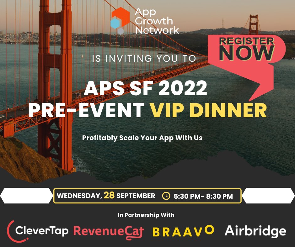 App_Growth's tweet photo. We are hosting an intimate Pre-event VIP Dinner on Wednesday, September 28th with @RevenueCat , @CleverTap , @AirbridgeHQ  and @getbraavo to share our strategies to profitably scale your app.
To receive exclusive offers and packages register here:
https://t.co/WEHWii18tE

#APSSF https://t.co/1aRyR7wpU9