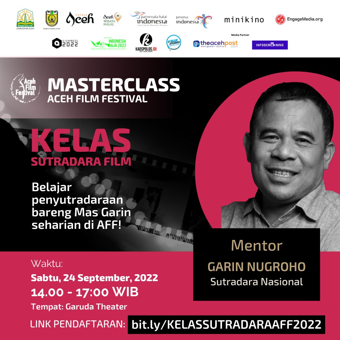 AcehFilmFest's tweet photo. Mas @garinfilm akan mengisi masterclass penyutradaraan di hari pertama. Buruan daftar! https://t.co/yyPzddY7vL