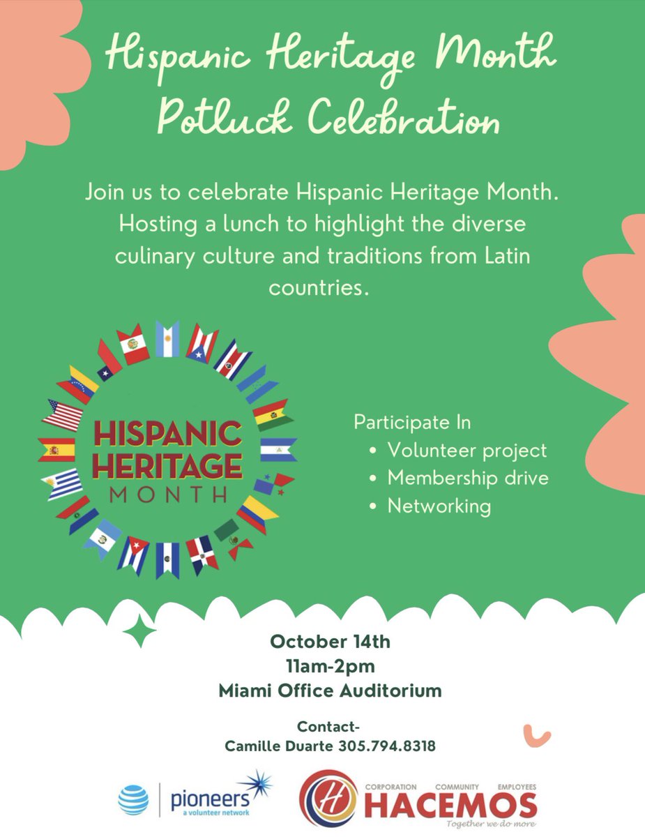 camilleduarte94's tweet photo. Looking forward to our #HispanicHeritageMonth potluck lunch &amp; volunteer project on Fri October 14th! Join Pioneers &amp; HACEMOS South FL in celebrating, register here- https://t.co/ET7i82bHDZ @LynnBarres @sbs_marcus @mrsuarez13 @Sumitra_Coote @DSolernouFL @m_romero28 https://t.co/psAtIeElva