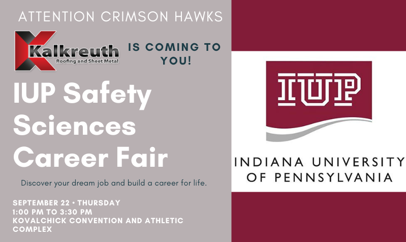 KalkreuthRfgSM's tweet photo. Attention Crimson Hawks! Tomorrow, Kalkreuth will have a booth at the KCAC for the IUP Safety Sciences Career Fair. Stop by between 1:00-3:30 pm and discover the many possibilities within the roofing industry!

We look forward to seeing you at @IUPedu!

#CareerFair |  #LifeatIUP https://t.co/yERjkIeeUq