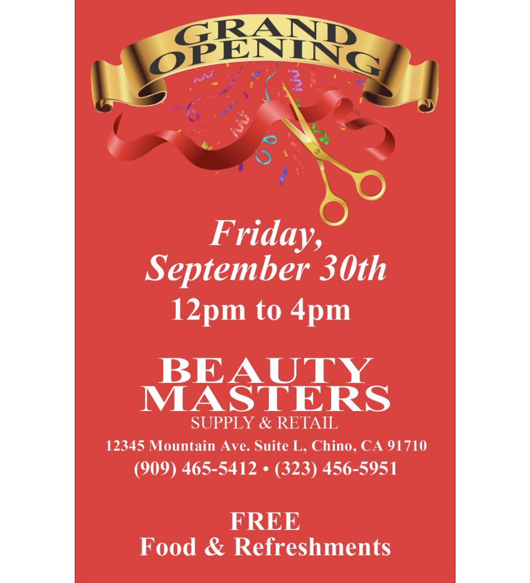 Chino Valley Chamber of Commerce (@ChinoValleyCC) on Twitter photo 2022-09-21 16:01:50 Join CVCC as we celebrate the Ribbon Cutting and Grand Opening of Beauty Masters Supply!πβοΈπ
π Friday, Sept. 30
β° 12 - 4 PM
π12345 Mountain Ave Ste. L, Chino, CA 91710
#cvcc #chinovalleychamber #ribboncutting #grandopening #beautysupply #makeup Join CVCC as we celebrate the Ribbon Cutting and Grand Opening of Beauty Masters Supply!πβοΈπ
π Friday, Sept. 30
β° 12 - 4 PM
π12345 Mountain Ave Ste. L, Chino, CA 91710
#cvcc #chinovalleychamber #ribboncutting #grandopening #beautysupply #makeup