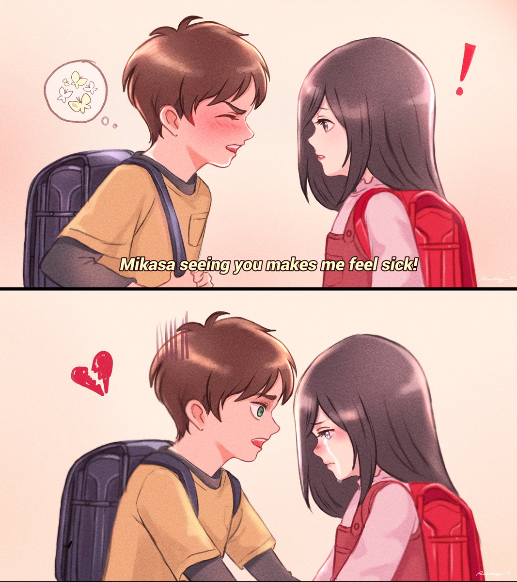 RIVARIZU's tweet photo. Kid Eren is in love, unfortunately he is also a dork 🐥
 #eremika #エレミか #AttackonTitan https://t.co/DMAYwKAmVu