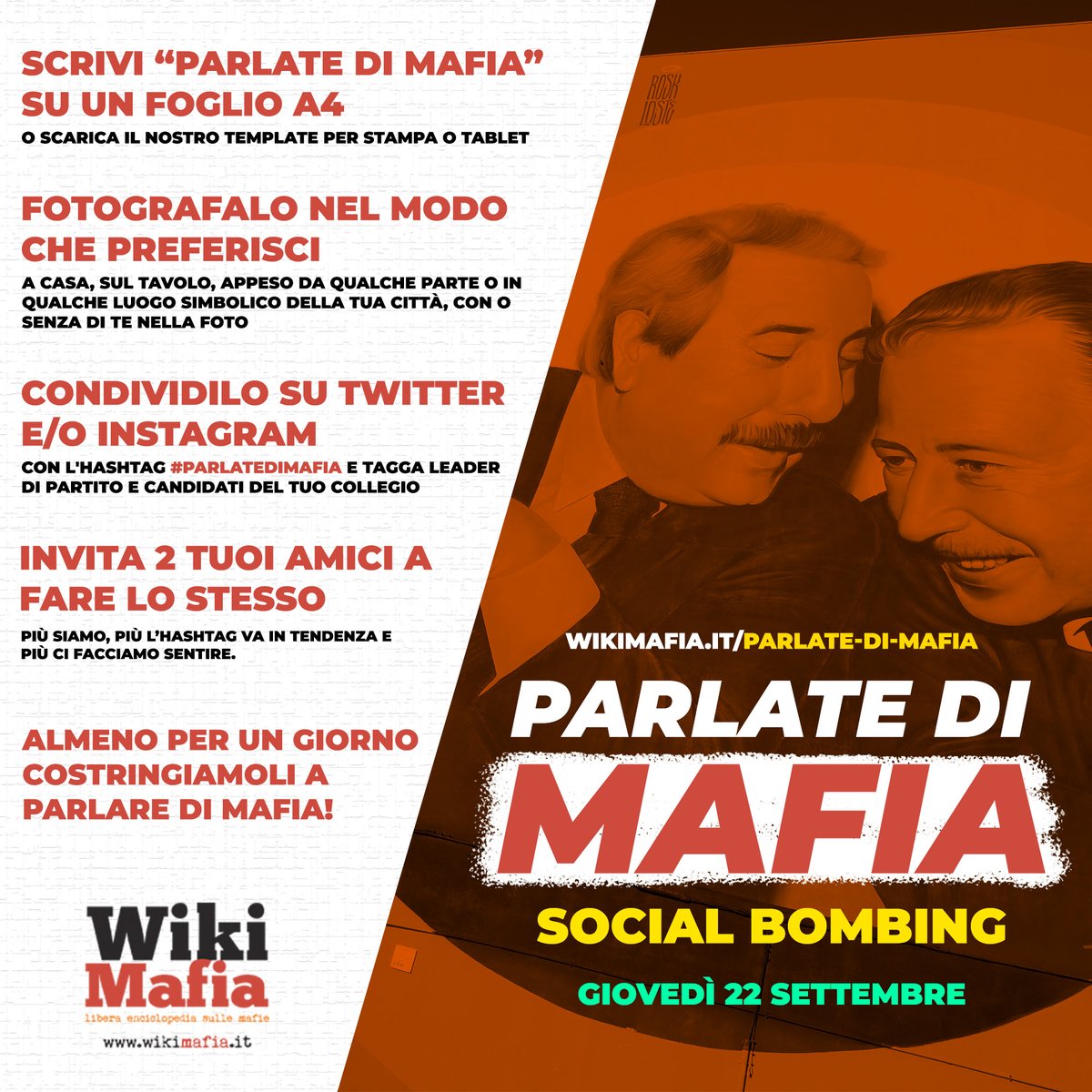 WikiMafia's tweet photo. #ParlateDiMafia 🔴 SOCIAL BOMBING (👉 https://t.co/jtzlpGflYV) 🗣 PARTECIPATE DOMANI #22settembre, almeno per un giorno costringiamo leader e candidati a parlare di #mafia! #ElezioniPolitiche2022 https://t.co/KmGkt5m2G5