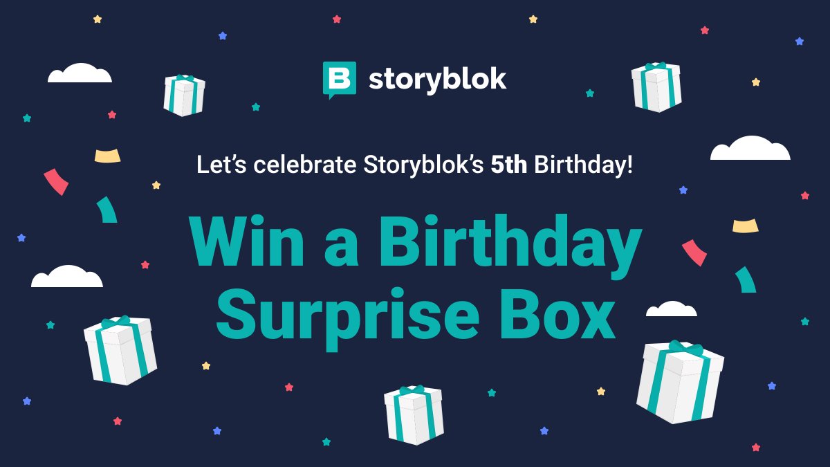 storyblok's tweet image. 🎁 Birthday raffle 🎁
This month we are celebrating Storyblok&apos;s 5th birthday!🎂
We will raffle 5 surprise birthday boxes packed with Storyblok swag!

What do you need to do to get one?
✅ follow us
🔄 retweet this tweet

Good luck, everyone!
*Winners announcement: 🗓 30/09!