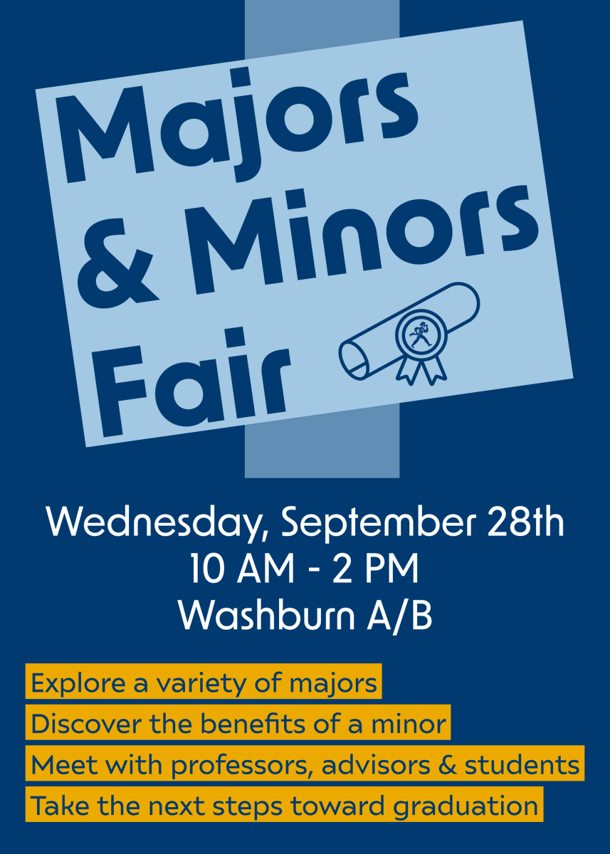Attention Ichabods! The Majors &amp; Minors Fair is one week from today! Stop by Washburn A/B 10AM-2PM on September 28th to meet with professors, advisors and students and explore a variety of majors! Learn more at washburn.edu/academics/unde…