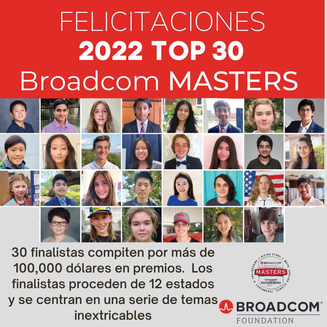 BroadcomSTEM's tweet photo. 🎉 ANNOUNCED TODAY! The nation's Top 30 2022 #BroadcomMasters Finalists! Students compete 4 $100K plus in awards, including Samueli Fdn Prize of $25K. Each finalist's school is awarded $1K to use toward STEM activities.
More ➡️ https://t.co/dqhaKo7pJx
#STEAM #broadcommasters https://t.co/Fr4wkrayTP