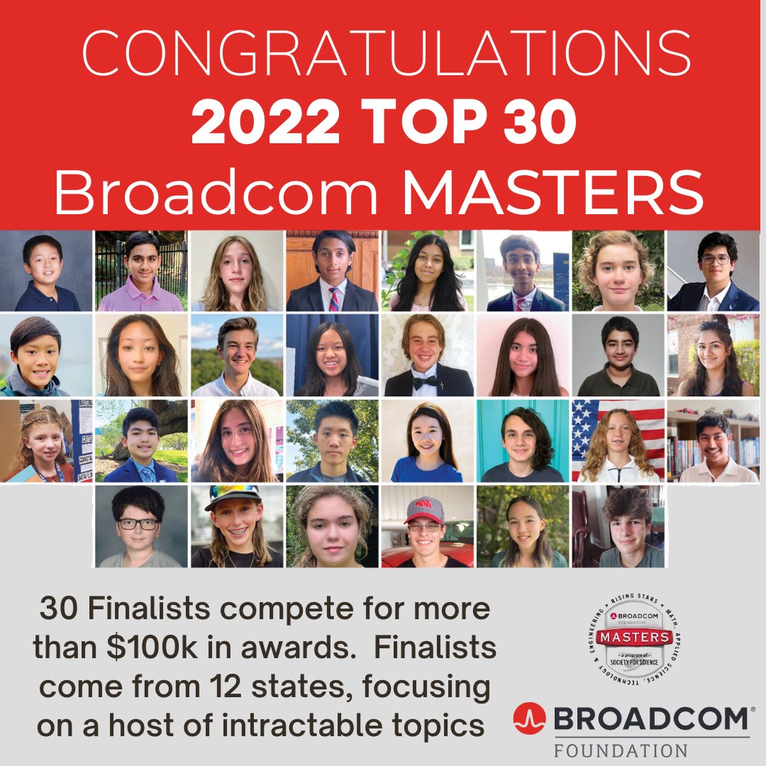 BroadcomSTEM's tweet photo. 🎉 ANNOUNCED TODAY! The nation's Top 30 2022 #BroadcomMasters Finalists! Students compete 4 $100K plus in awards, including Samueli Fdn Prize of $25K. Each finalist's school is awarded $1K to use toward STEM activities.
More ➡️ https://t.co/dqhaKo7pJx
#STEAM #broadcommasters https://t.co/Fr4wkrayTP