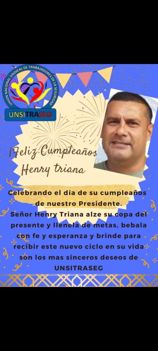 UNSITRASEGNAL's tweet photo. Hoy esta de placemes nuestro compañero presidente HENRY TRIANA.

Dios lo colme de muchas bendiciones, salud y mucha prosperidad.

Le desea La familia UNSITRASEG https://t.co/68FE8KPl3S