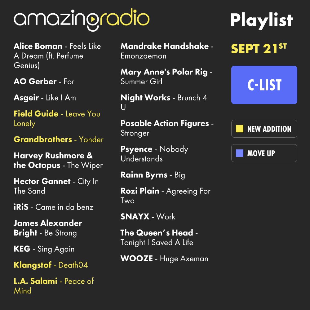 amazingradio's tweet photo. C-List: #FieldGuide, @Grandbrothers_, @klangstof, @lasalami
Specialist: @bessatwell, #Grifyn, @nosajthing, @selftapemusic, @sofractures
The Audition winner this week is @tomasmithmusic with his track 'Toronto' 🥳
https://t.co/aQQZO5tLft https://t.co/AfebZ6gnJA
