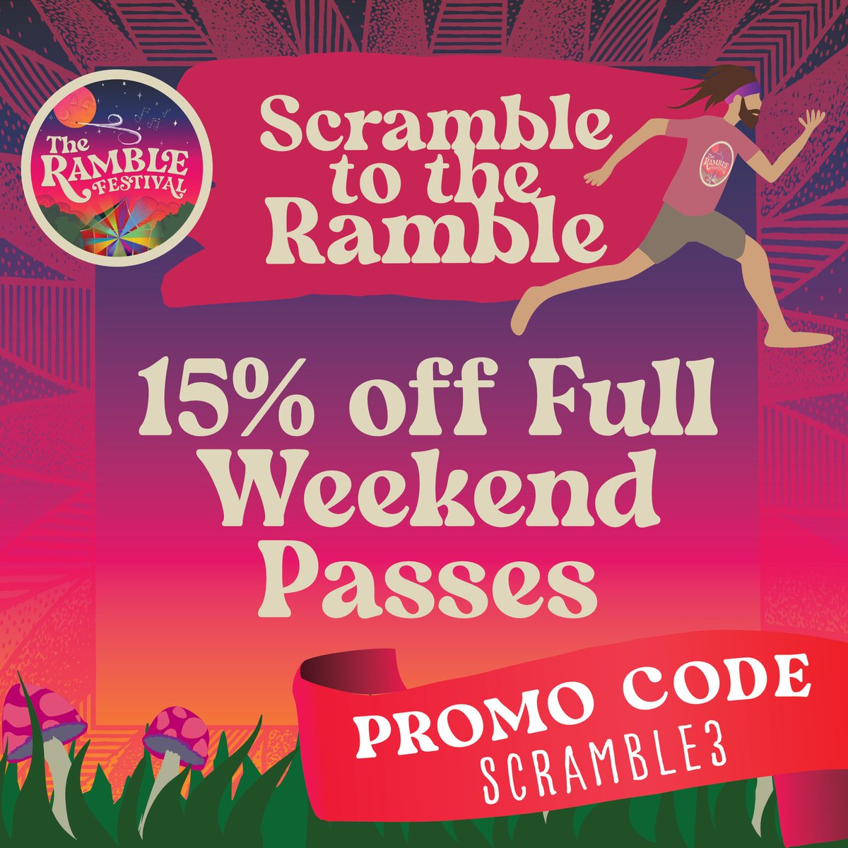 Crest over this hump day with the excitement of securing your pass to the Ramble!  Scramble to the Ramble Day 3: Use promo code SCRAMBLE3 to get 15% off full weekend passes today only! 

🎟️ - ramblefesitval.com/tickets